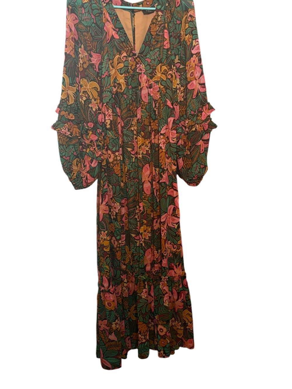 Vici BoHo Green Floral Maxi Vneck Ruffle Hem Dress with Balloon Sleeve Sz S